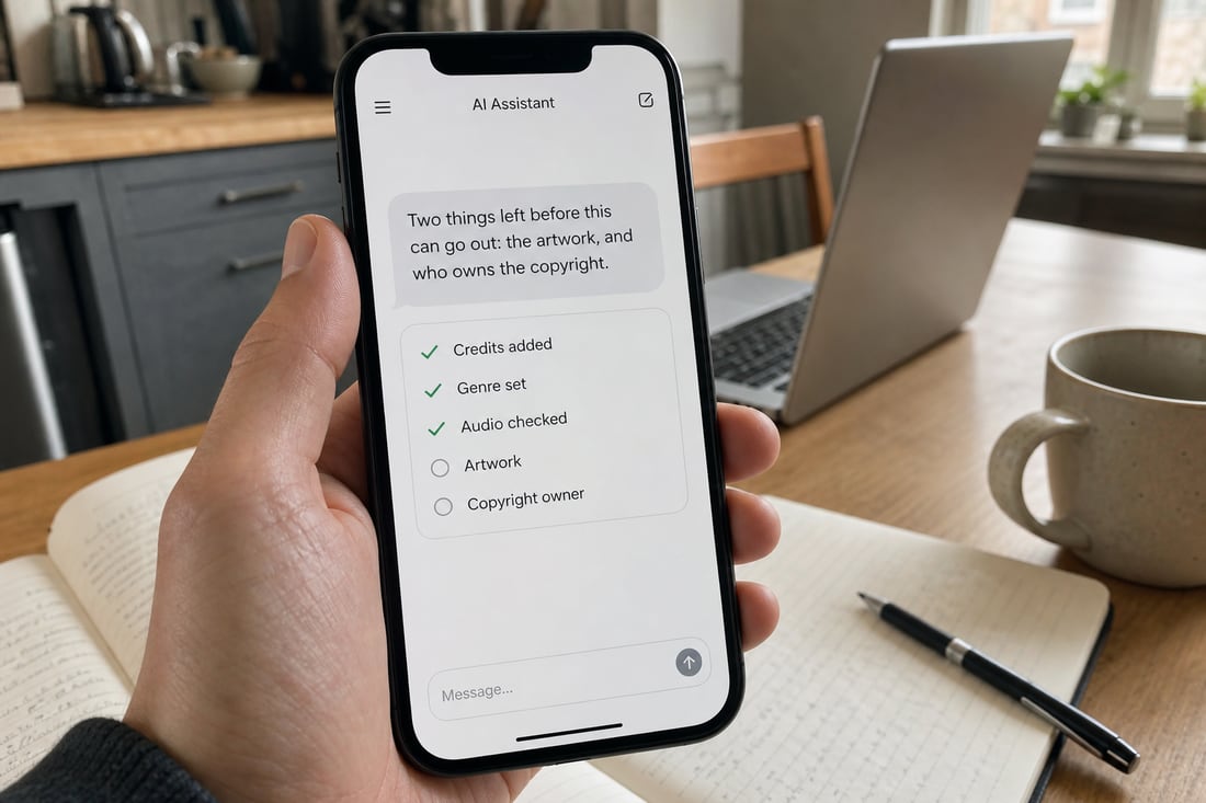 A phone held over a kitchen table showing an AI assistant's checklist: credits added, genre set, audio checked, artwork and copyright owner still to do
