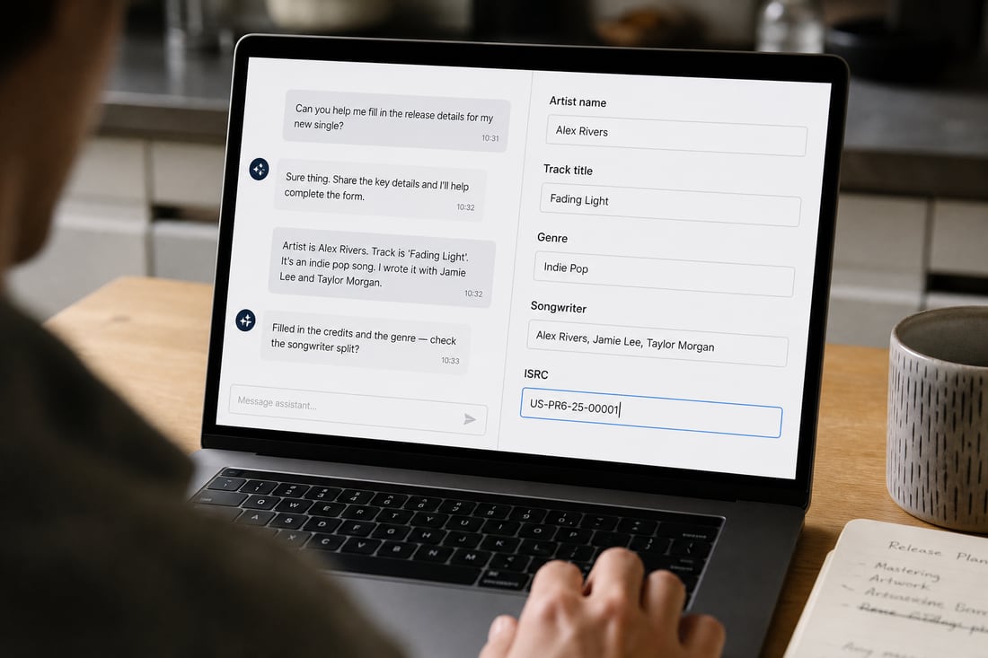 A laptop on a kitchen table: an AI assistant chat on the left filling in a release form on the right, with artist name, track title, genre, songwriter and ISRC