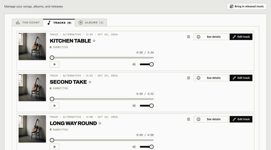 Audora's Music screen on a demo account, on the Tracks tab: the EP's songs as records, each with its cover, genre, length and date, Submitted state, a player, See details and Edit track