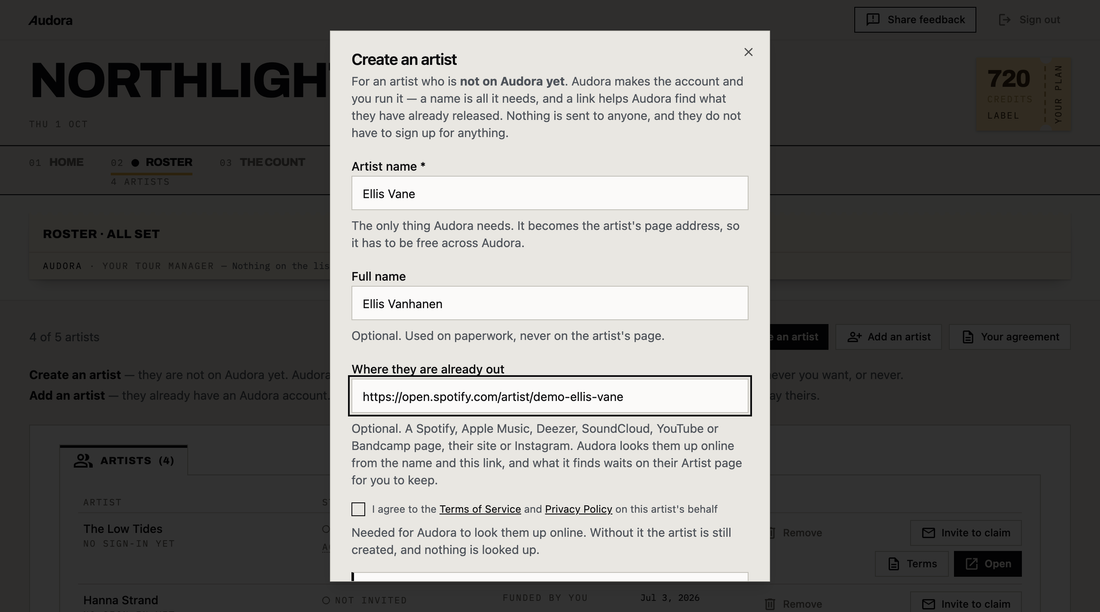 The Create an artist form on a demonstration label's roster, filled in: artist name Ellis Vane, the person's full name, and a Spotify link to where they are already out, with a line on how Audora looks them up from the name and the link and leaves what it finds on their Artist page to keep