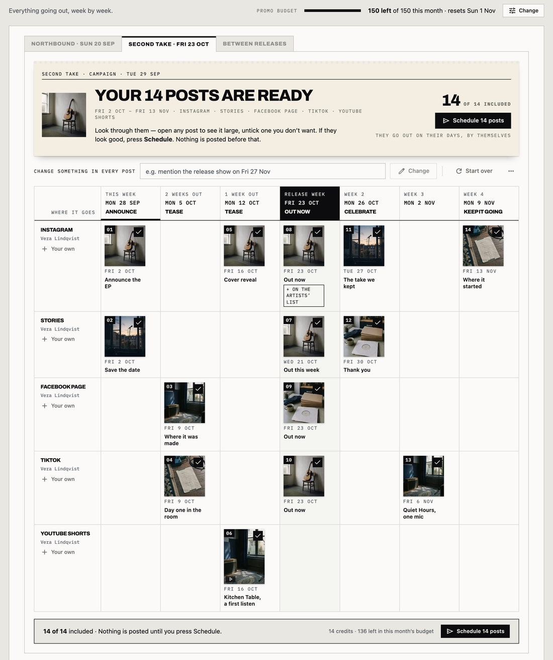 The top of Audora's Promo screen on a demo account: the monthly Promo budget line, the EP campaign card reading Your 14 posts are ready with its dates, channels and a Schedule 14 posts button, the weeks from announce through out now to keep it going, and the Instagram, Instagram Stories, Facebook Page, TikTok and YouTube Shorts rows with each drafted post's picture, date and title, above the Schedule bar