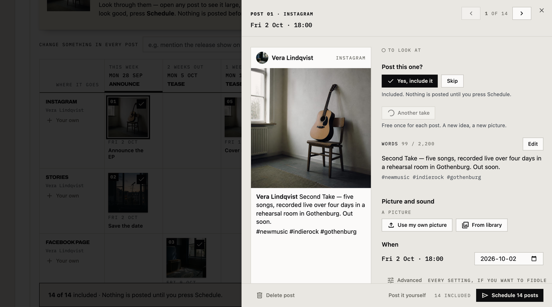 One drafted Instagram post opened large on a demo account: post 1 of 14 for Fri 2 Oct at 18:00, shown as it will look on Instagram with the photo and the caption announcing the EP, and beside it Yes, include it and Skip, Another take, the words with their hashtags and an Edit button, a picture of your own or from the library, the day and time, and Schedule 14 posts
