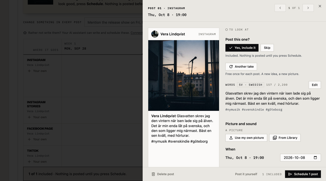 One drafted Instagram post opened large on a demo account, written in Swedish: post 1 of 1 for Thu, Oct 8 at 19:00, shown as it will look on Instagram with a photo of a microphone by a window at dusk and its Swedish caption, and beside it Yes, include it and Skip, Another take, and the words marked SV · Swedish with their hashtags and an Edit button
