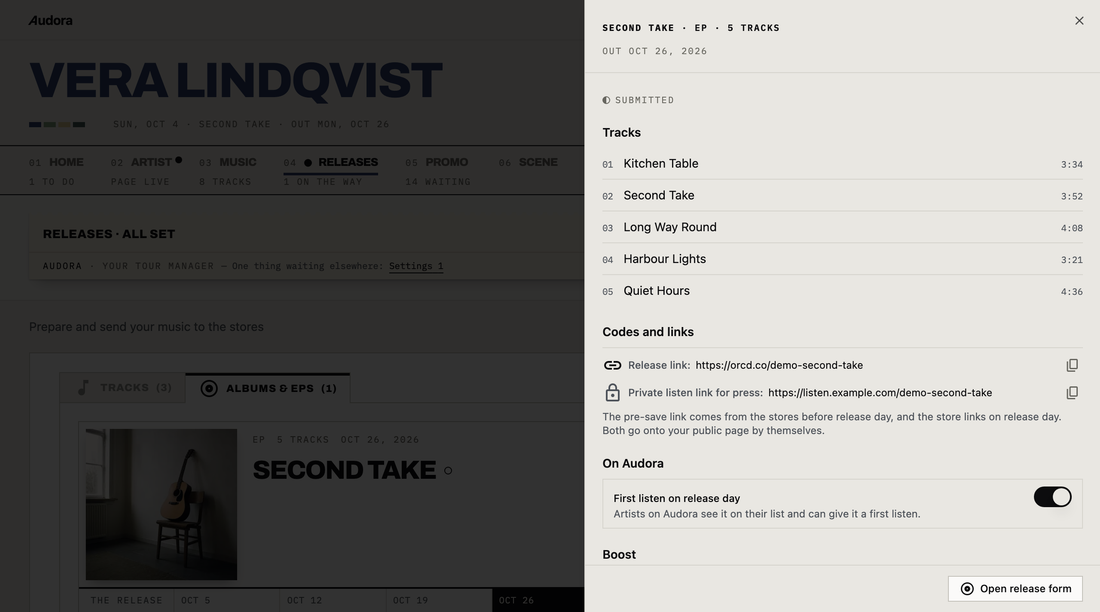 A demo account's EP Second Take opened on Releases: submitted, its five tracks, and under Codes and links the release link and the private listen link for press, each with a copy button, then the first listen switch for release day and Boost