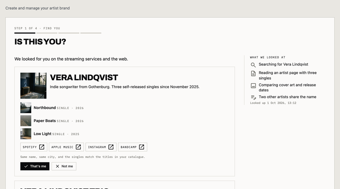 Step 1 of Audora's Soundcheck on a demo account, titled Is this you?: the artist Audora found on the streaming services and the web, with a short description, three released singles, links to Spotify, Apple Music, Instagram and Bandcamp, why it's a match, and That's me and Not me buttons beside a list of what it looked at