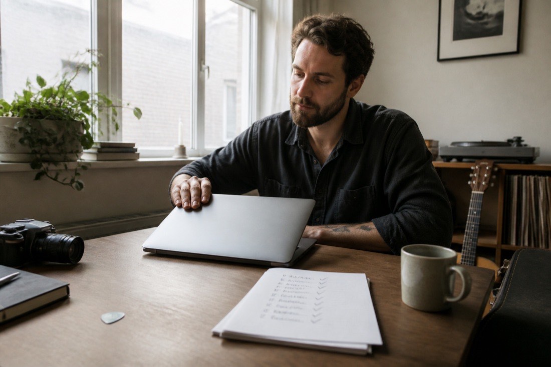 A musician at a tidy desk in morning light closing a laptop beside a fully ticked checklist