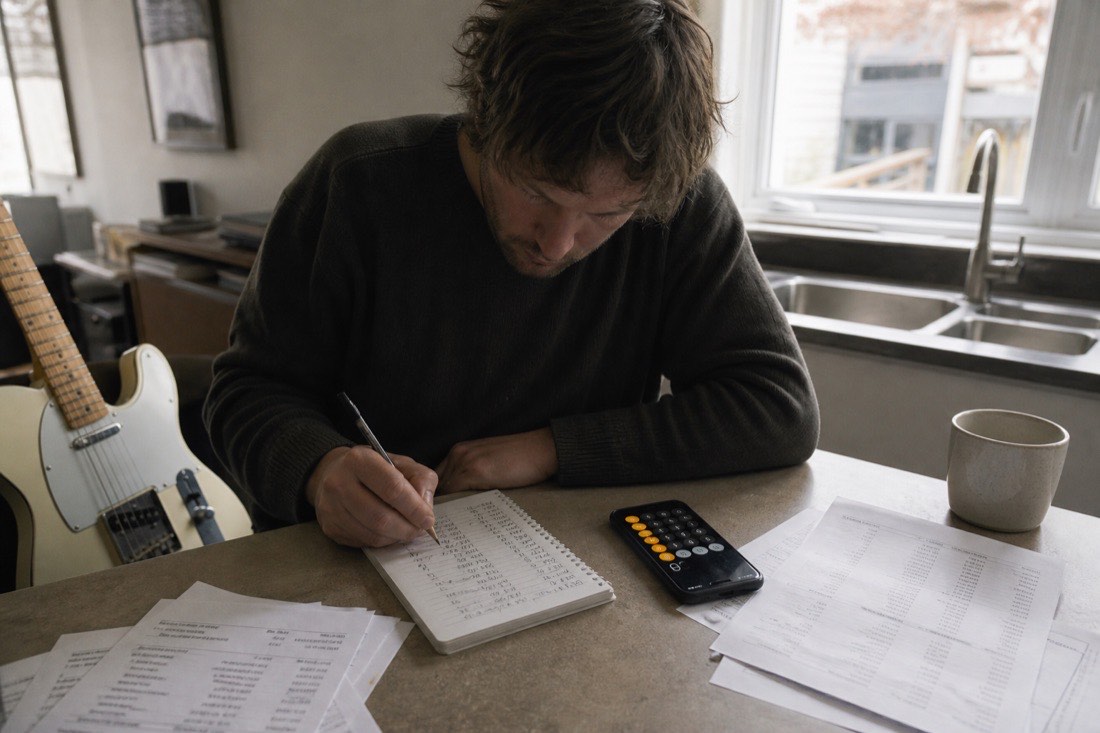 A musician at a kitchen counter with a calculator app open on a phone, working through printed price lists and a notepad of yearly cost sums crossed out and rewritten