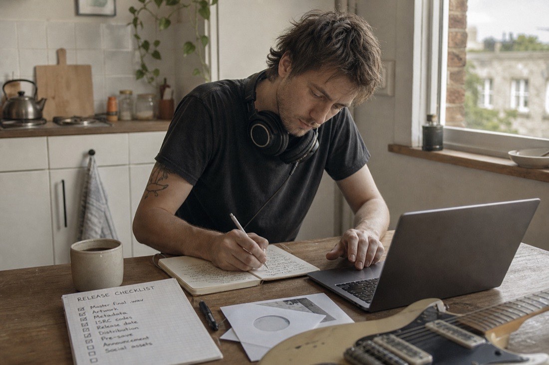 A musician at a kitchen table in morning light, laptop open beside a scribbled release checklist and a coffee, filling in release details