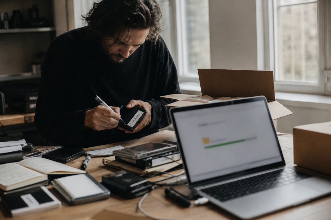 A musician carefully labelling and boxing hard drives and notebooks on a daylit desk, laptop open with a file-transfer progress bar in the background