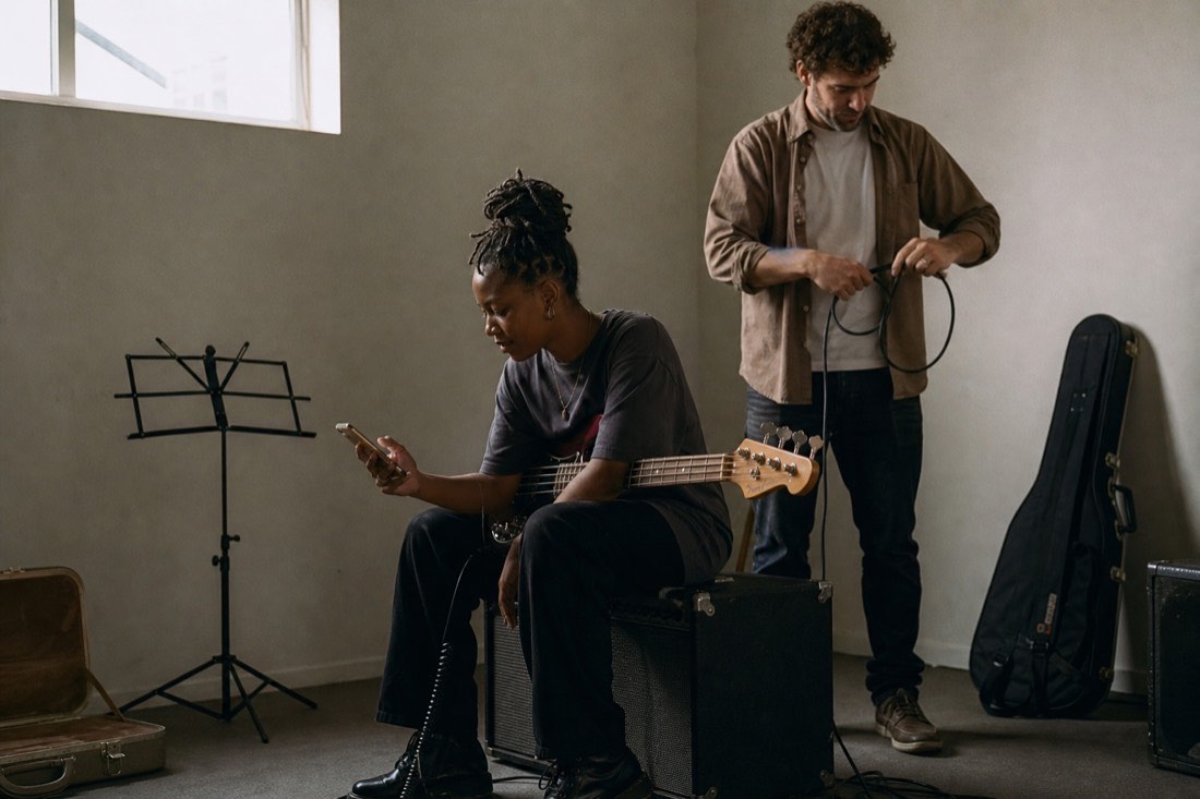 Two musicians packing up a rehearsal room