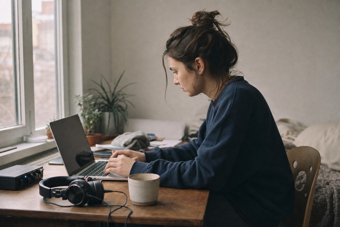 An artist working at a desk in daylight